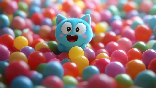 Blue cartoon cat character surrounded by colorful spheres