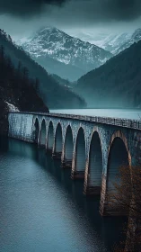 Stone arch viaduct spans teal alpine lake beneath storm clouds.