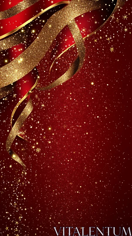 Golden glitter ribbon curls shimmer over deep red background
