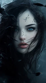 Nocturnal siren portrait with ravens and icy teal eyes.