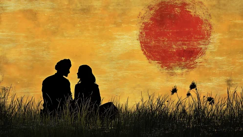 Silhouettes Beneath Crimson Sun in Golden Fields.