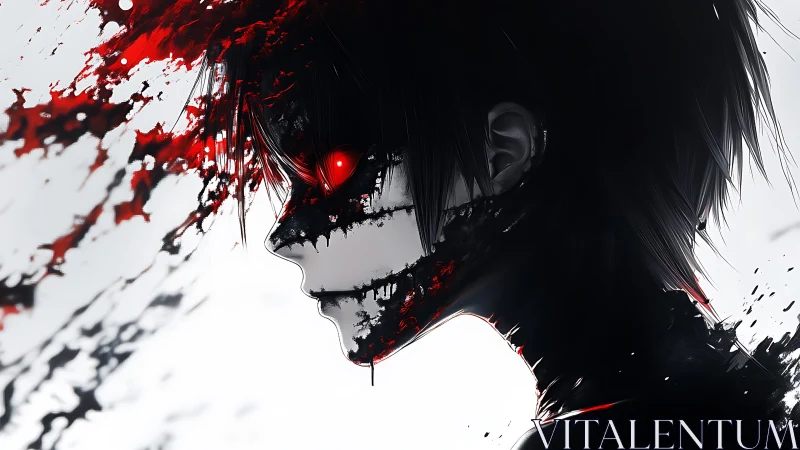 Demonic anime profile shows red void eyes and splintered shadow