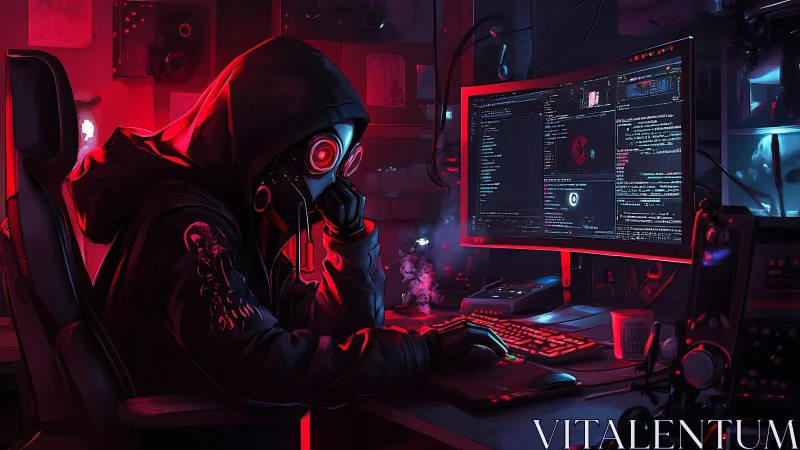 Lone night hacker quietly studies code in neon red glow