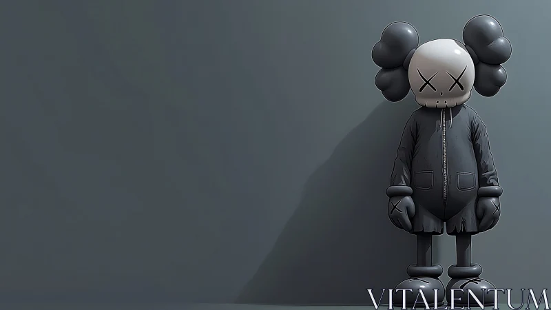 Monochrome vinyl-style figure stands against desaturated wall