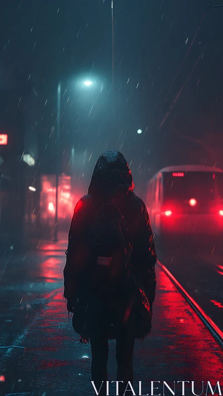 Solitary hooded figure in neon rain on empty night street.