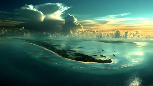 Tropical Atoll Aerial Perspective at Golden Hour with Dramatic Cloud Formation.