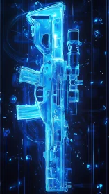 Holographic rifle schematic in luminous blue digital projection.