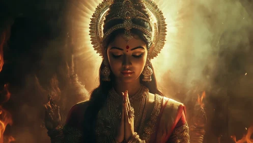 Divine-inspired woman in ornate attire prays amid glowing light