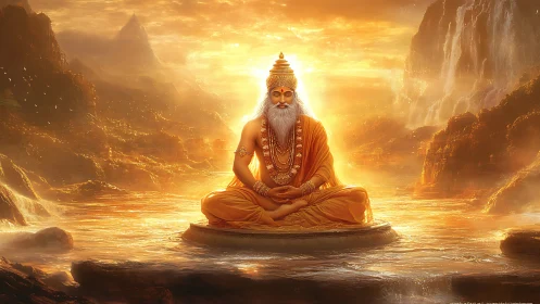 Radiant sage meditating in luminous golden river realm.