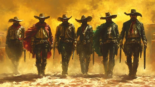 Gritty western gunslingers stride through blazing dust storm.