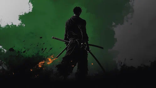 Silhouetted swordsman stands before green and smoky backdrop