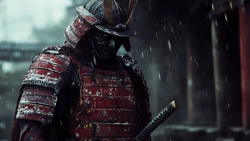 Snow-dusted samurai in crimson armor under cold rain.