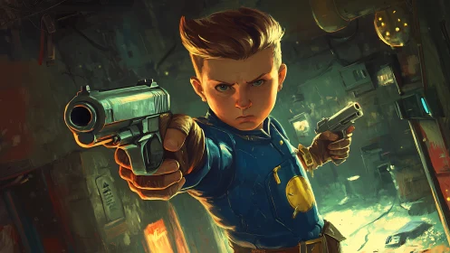 Determined young gunfighter in stylized urban standoff.