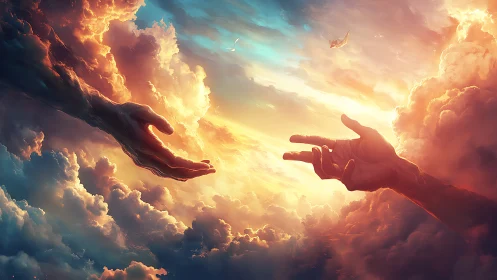 Celestial hands trade dawnlight across a breathing sky