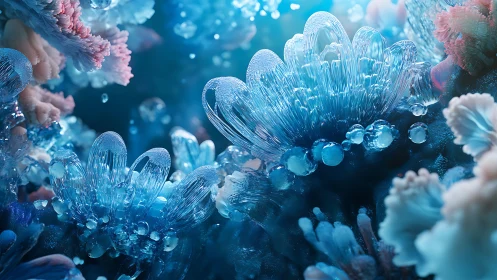 Crystal bloom reef in shimmering neon-tide bluescape.