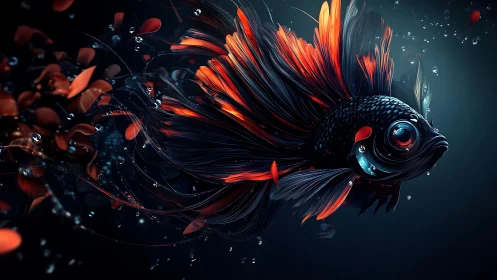 Bioluminescent betta fish glides through dark water drama.