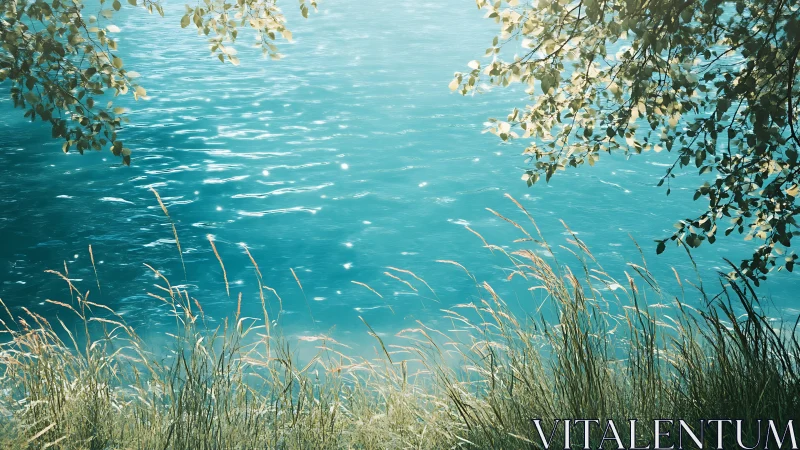 Calm lakeside water with sunlit reeds and foliage.