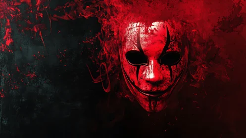 Smoldering red mask emerges boldly from swirling dark smoke