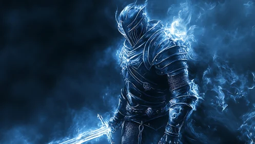 Blue spectral knight ignites blade within swirling ether.
