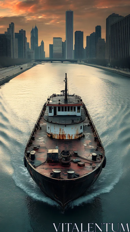 Photorealistic rusted cargo ship on urban river axis at dusk.