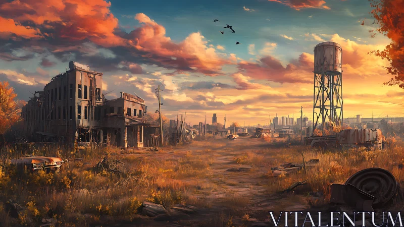 Golden hour overgrown town with rust, ruins, and quiet skies.