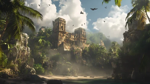 Abandoned Palace Structure Within Tropical Canyon Environment