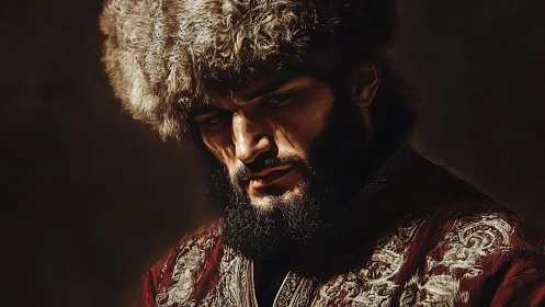 Brooding warrior in fur hat studies ground under low light