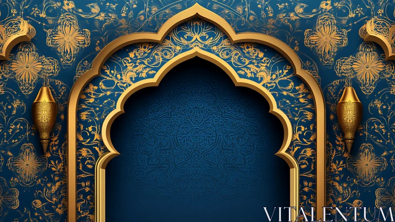 Gilded archway whispers on deep sapphire arabesque walls.