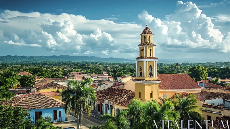 Yellow bell tower rises over tiled roofs and green landscape