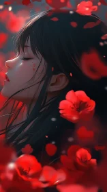Serene profile portrait in crimson floral bokeh field.