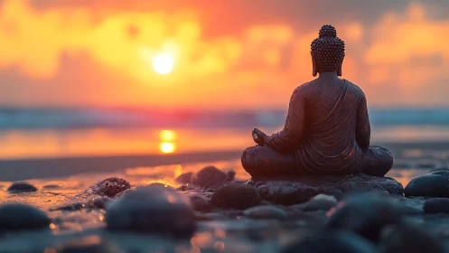 Buddha statue sits on wet stones facing a vivid ocean sunset