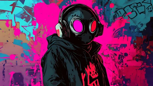 Hooded gas mask figure against neon graffiti splatter wall.
