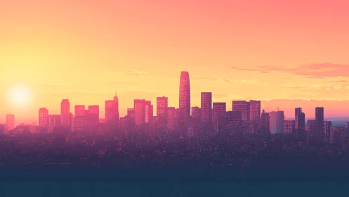 Neon-lit city skyline glows under vivid pastel sunset sky