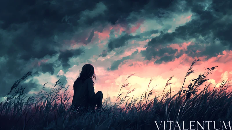 Solitary figure watching stormlit sunset over tall grass.