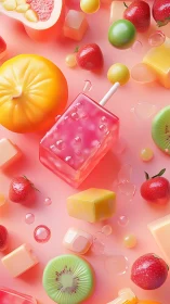 Juicy cubes and glossy fruits throw a neon dessert parade