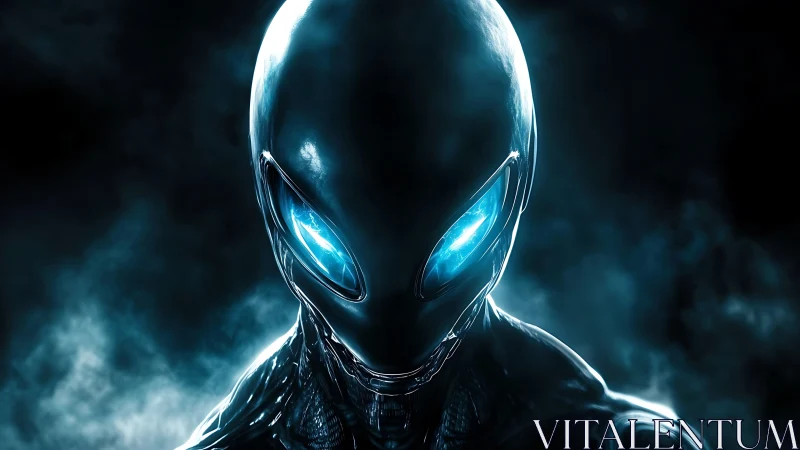 Luminous alien sentinel with electric eyes in cosmic fog.