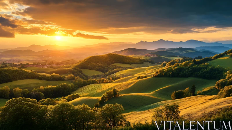 Golden sunset light sweeps across rolling green hills.