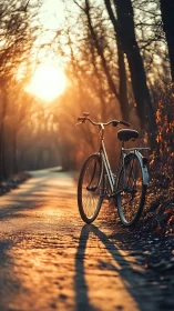 Bicycle on Forest Path at Golden Hour Sunset
