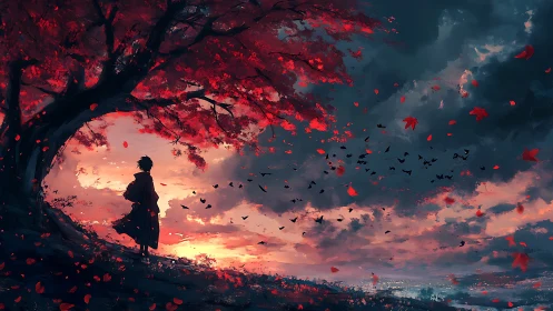 Solitary wanderer savors a crimson sunset beneath whispering leaves