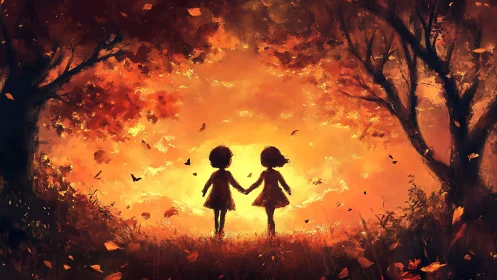 Two Children Hold Hands Silhouetted Against Autumn Forest Flames