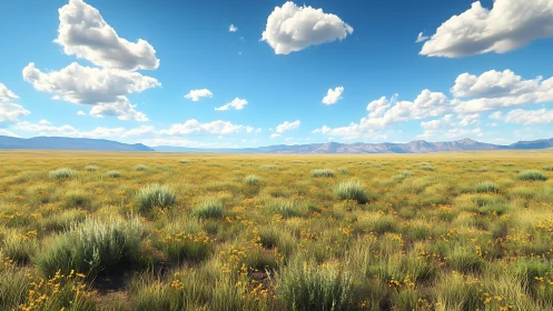 Wide open grassland plain under blue sky and clouds.