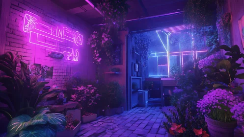 Neon-soaked alley greenhouse where city light nurtures leaves.