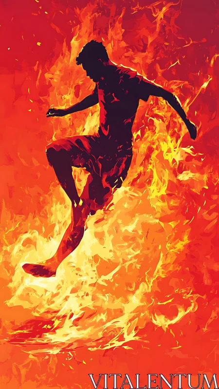 Fiery silhouette leaps boldly through swirling orange flames