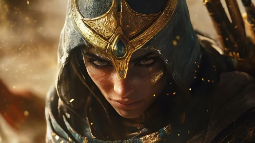 Hooded desert huntress with golden crown and embers gaze.