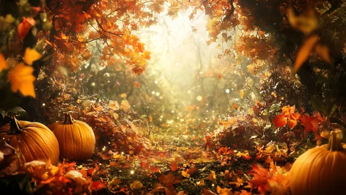 Golden Autumn Path Through Pumpkin Fields and Fall Foliage