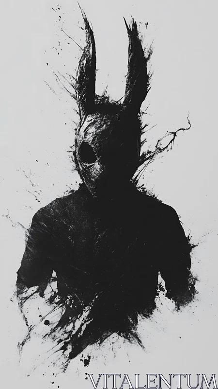 Shadowy rabbit-masked figure emerging in bold ink splashes.