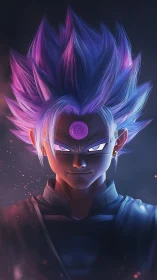 Psycho-aurora warrior with violet omen blazing above.