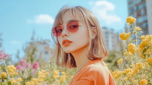 Chromatic portrait in floral urban field with tinted optics.