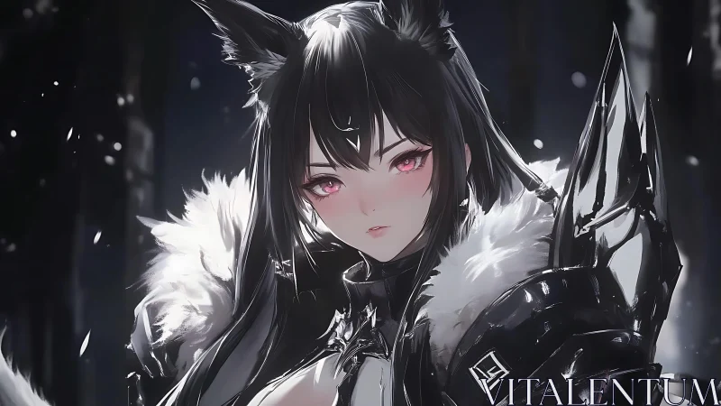 Dark-haired fox warrior gazes forward in snowy twilight.