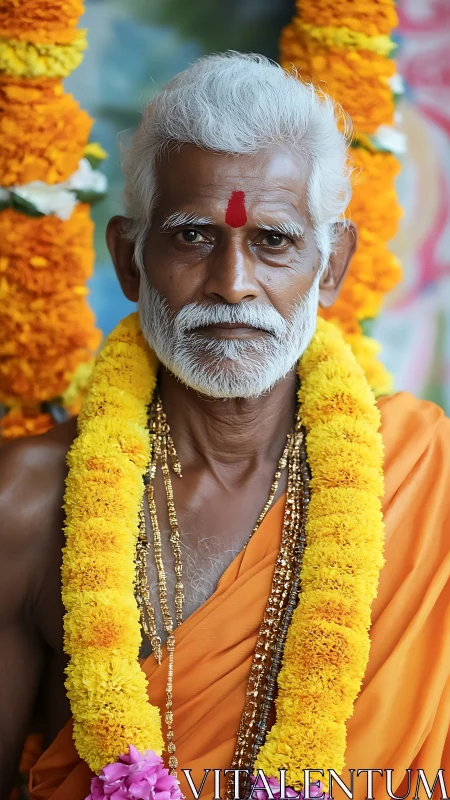 Elderly Hindu devotee framed by marigold garlands in vivid focus